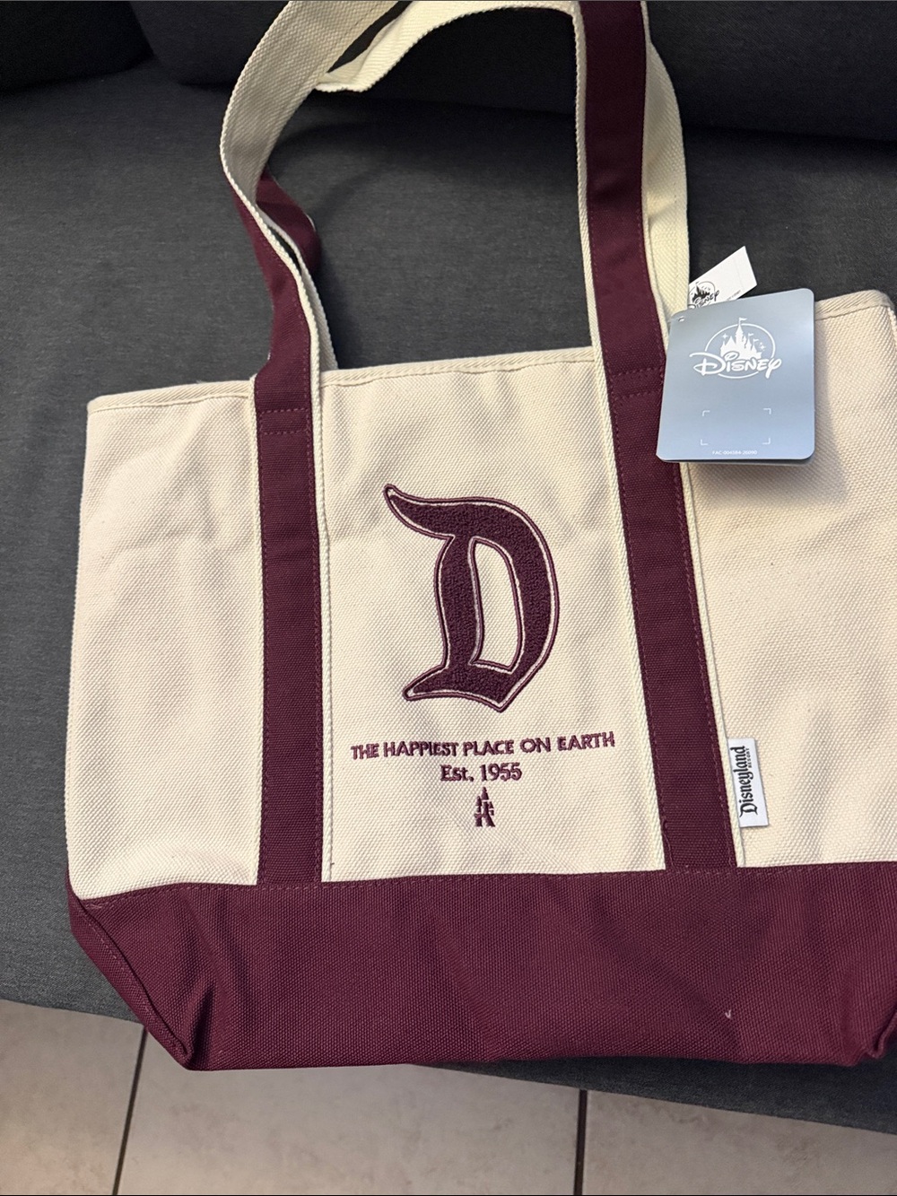 Disney Cream and Burgundy Canvas Tote with Embroidered 'D'